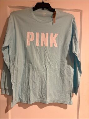 PINK Victoria's Secret Light Blue Long Sleeve Shirt with White Logo